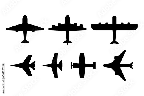 A collection of airplane shapes. Silhouette icons of commercial airplanes, passenger planes, jet planes, cargo planes, fighter planes. Black and white plane vector