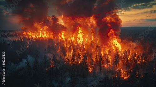 Captured from above, the aerial drone footage vividly showcases the fierce devastation caused by raging forest fires. photo