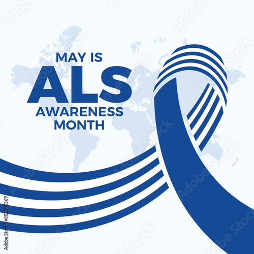 May is ALS Awareness Month poster vector illustration. White and blue pinstripes awareness ribbon icon. Amyotrophic lateral sclerosis symbol. Template for background, banner, card. Important day