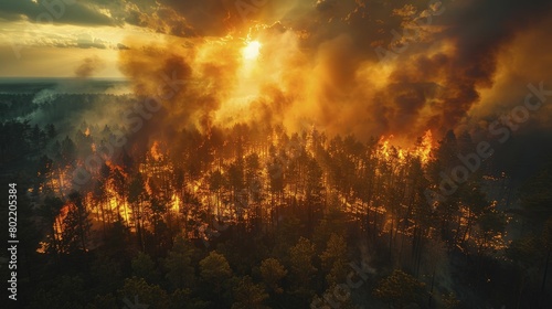Captured from above, the aerial footage vividly portrays a segment of woodland engulfed in flames, showcasing the havoc of wildfires. photo