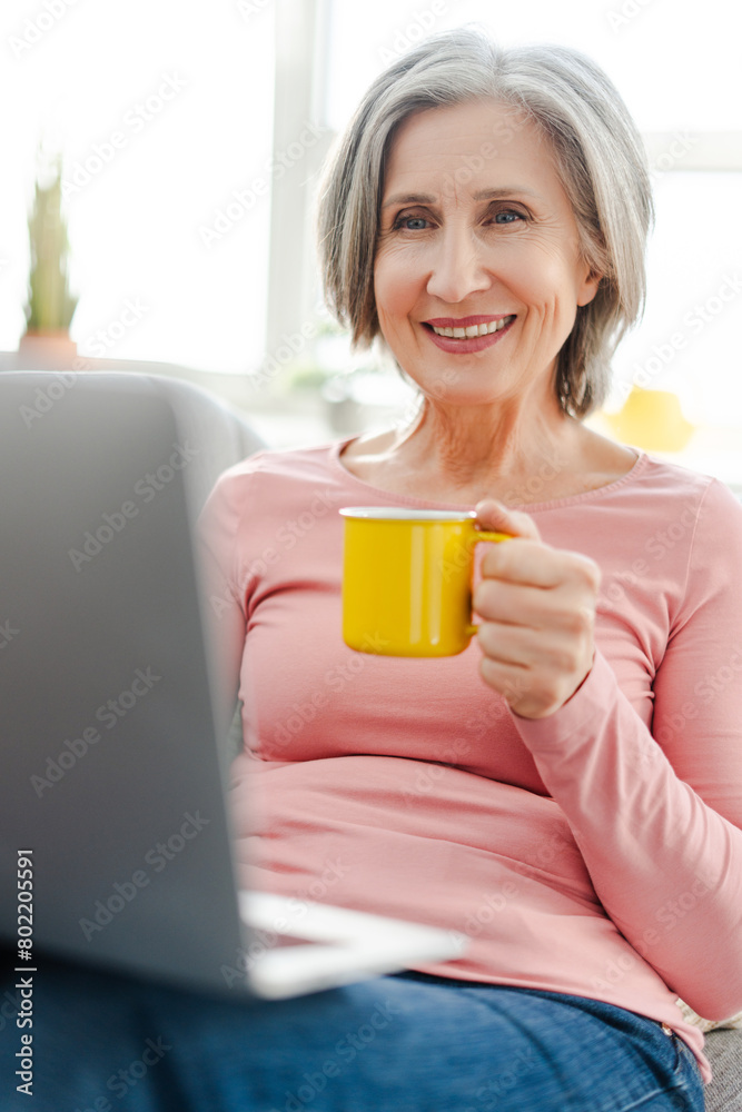 Vertical view of happy senior woman using laptop computer, holding cup, sitting on sofa Vertical view of happy senior woman using laptop computer, holding cup, sitting on sofa