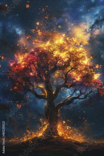 Exploring the mesmerizing dance of flames and hues as they engulf a tree in the darkness of the night.