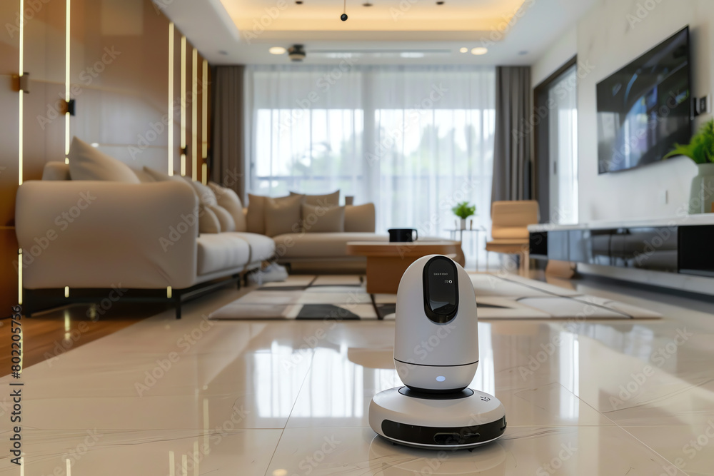 Smart cleaning robot working in a modern living room during daylight hours Smart cleaning robot working in a modern living room during daylight hours