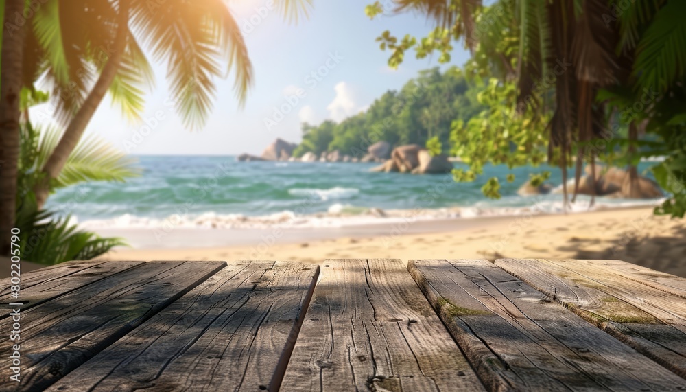 The wooden table at the heart of a summer park blends into the blur tropical beach, crafting a double delight of nature, Sharpen 3d rendering background