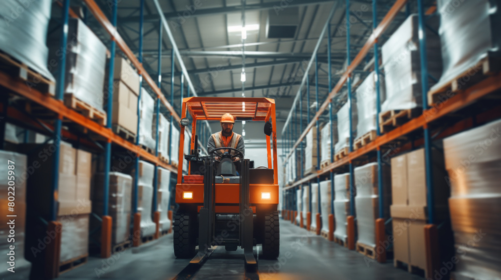 Forklift operator working in a large industrial warehouse