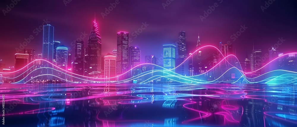 This Background of big neon waves captures the energetic pulse of a city at night, with sweeping arcs of light that carve through the darkness, Sharpen 3d rendering background
