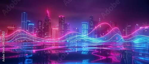 This Background of big neon waves captures the energetic pulse of a city at night, with sweeping arcs of light that carve through the darkness, Sharpen 3d rendering background photo