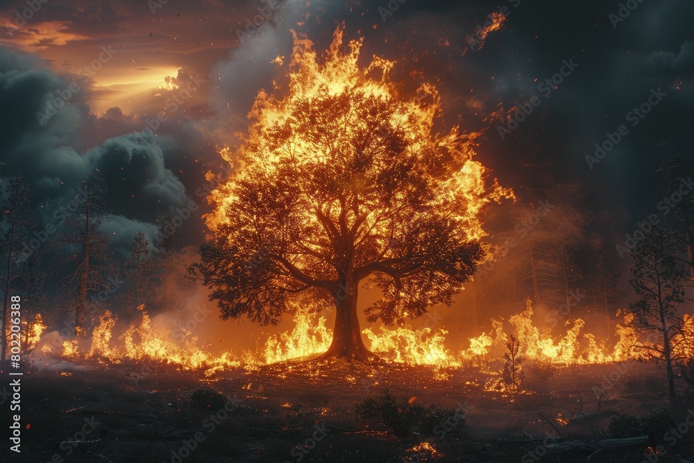 As night fell, the fiery silhouette of a solitary tree consumed by ...