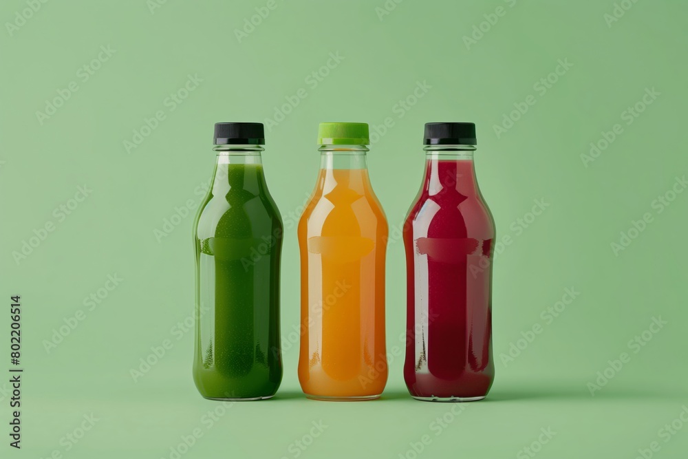 glass bottles filled with vibrant green, orange, and red juices against a pastel green background showcase a refreshing choice for health-conscious consumers