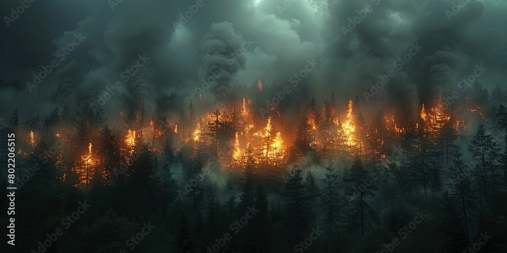The ominous glow of fires pierces the thick forest haze, shrouding the night in an unsettling veil of enigma and peril.