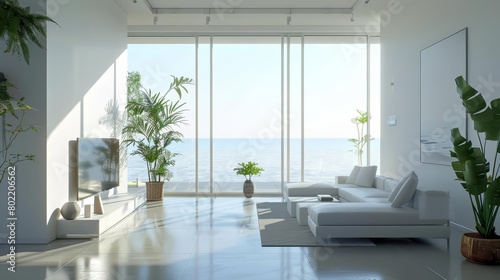White minimalist living rooms are designed with high ceilings and expansive windows  creating a serene atmosphere  Interior 3d render Sharpen highdetail realistic concept