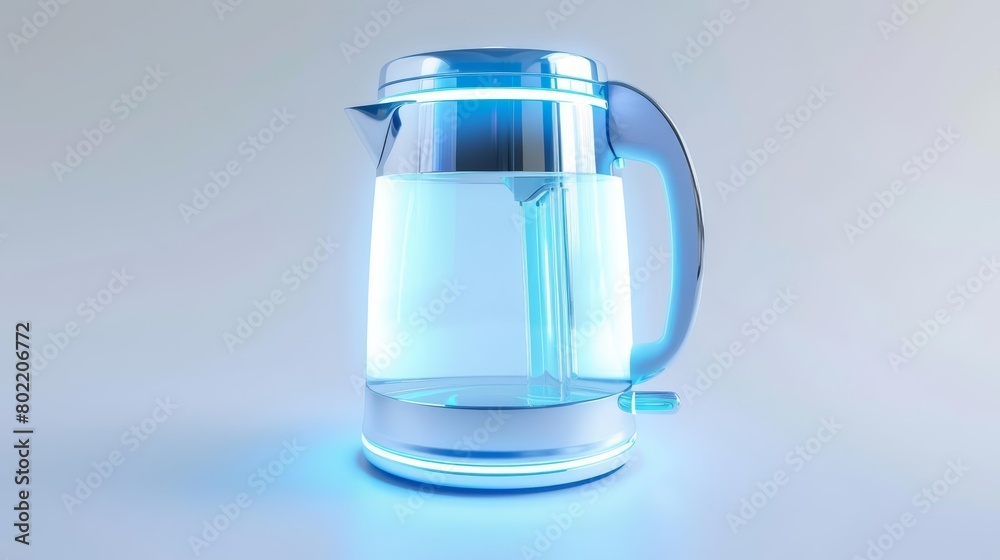 A 3D render of a futuristic electric kettle, streamlined with a neon blue illumination, boils water efficiently, Sharpen isolated on white background A 3D render of a futuristic electric kettle, streamlined with a neon blue illumination, boils water efficiently, Sharpen isolated on white background