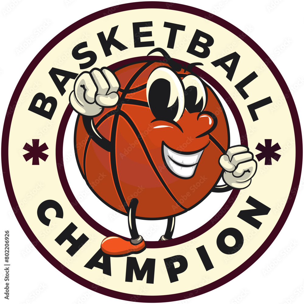 basketball stamp cartoon vector logo emblem isolated clip art illustration mascot in circular basketball campion text, vector work of hand drawn