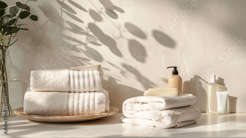 Clean folded towels and bath cosmetics on table agains photo