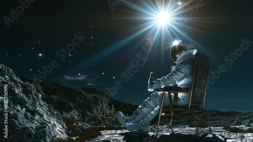 An astronaut is captured in a serene moment  enjoying a beverage under an immense moonlit sky  surrounded by the quiet of outer space