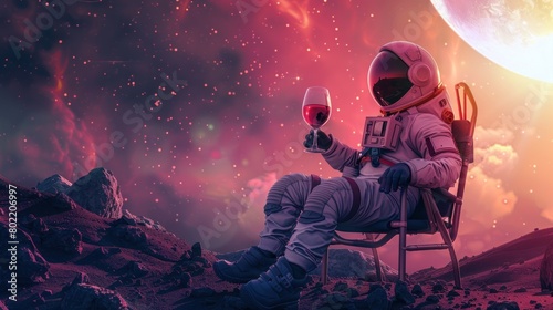 A depiction of an astronaut relaxing with wine, amidst a surreal pink universe, symbolizing escapism and other-worldly luxury photo