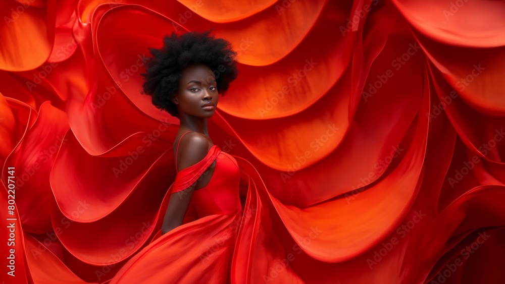 Sexy Afroamerikanische Frau in rotem Abendkleid und leuchtenden futuristischen roten Hintergrund