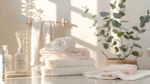 Clean folded towels and bath cosmetics on table agains photo