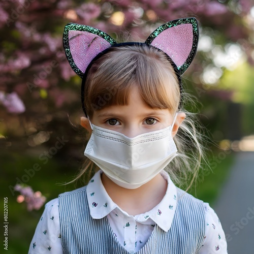 A little girl wears a mask over her mouth and a hairband in the shape of cat ears. 