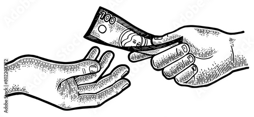 Hand gives dollar money sketch engraving PNG illustration. Scratch board style imitation. Black and white hand drawn image. photo