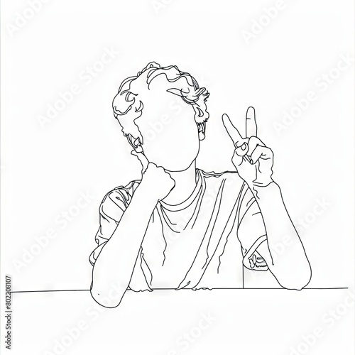 a single continuous line drawing of a boy showing victory sign in the style of minimalist ceramics, the snapshot aesthetic