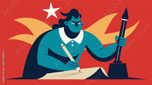 A portrait of a sternlooking figure pen in hand writing with fierce determination as they compose their part of the Declaration.. Vector illustration