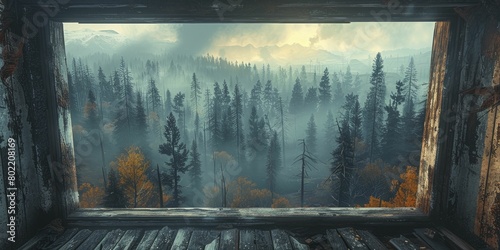 Capturing the haunting aftermath, the panoramic view from inside a fire lookout tower reveals a smoking and fire-scarred forest below. photo