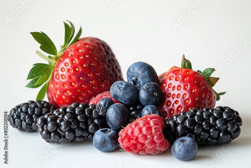 Assortment of ripe strawberries, blueberries, blackberries, and raspberries isolated against a white background