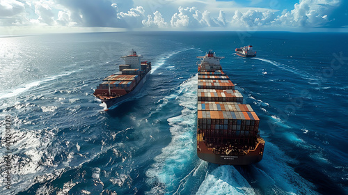 Container ships navigating open waters under a cloudy sky during the day photo