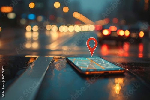 Point on smartphone with gps navigator icon and map on blur traffic road abstract background.