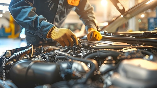 Inspecting Car Engine for Maintenance and Repairs: Mechanic at Auto Service Shop. Concept Car Engine Maintenance, Mechanic Inspection, Auto Service, Repair Work, Vehicle Diagnostics photo