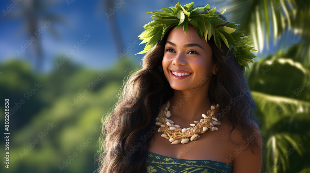 Smiling young Hawaiian woman with long hair outdoors on a hot summer day
Smiling young Hawaiian woman with long hair outdoors on a hot summer day