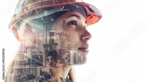 striking portrait of a young construction worker woman wearing a safety helmet.  double exposure overlay the image with a view of city buildings under construction, seamlessly blending h