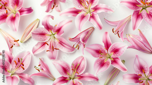 Collage of beautiful pink lilies on white background -
