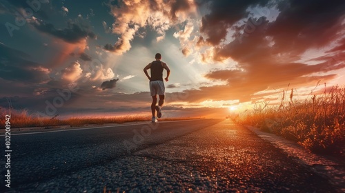 An athlete jogs away from the camera down an open road bathed in the golden light of a setting sun