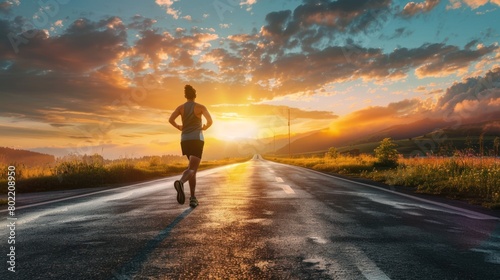 An athletic man jogs on an empty road with the sunrise creating a silhouette, symbolizing determination and a new beginning