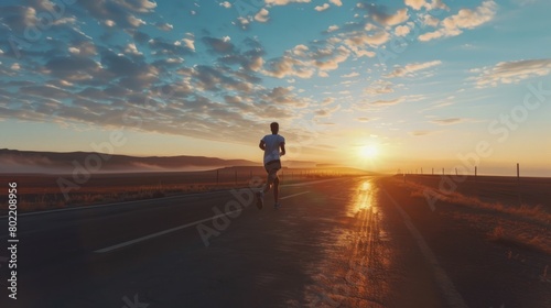 A sole male runner moves along a quiet road during the soft light of dawn, reflecting solitude and inner peace