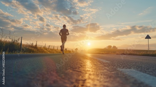 A male athlete runs on a country road with soft sunrise colors, symbolizing healthy living and the energy of a fresh start © GoodandEvil