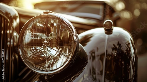 Close-up of a classic automobile's headlight as the sunrise casts a warm sepia tone over the chrome details.