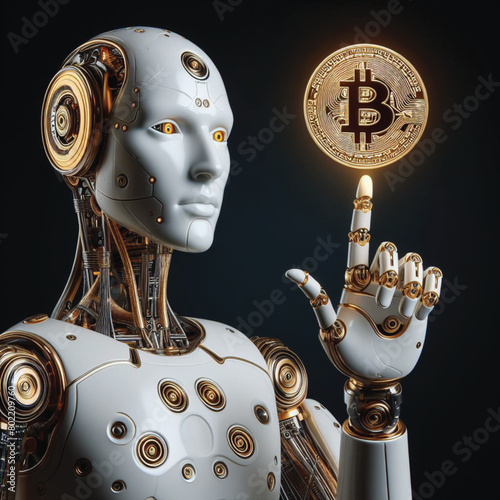 A robot with a human-like index finger touching a Bitcoin coin displays information related to financial development, planning, investing, numbers, graphs and circuit boards.