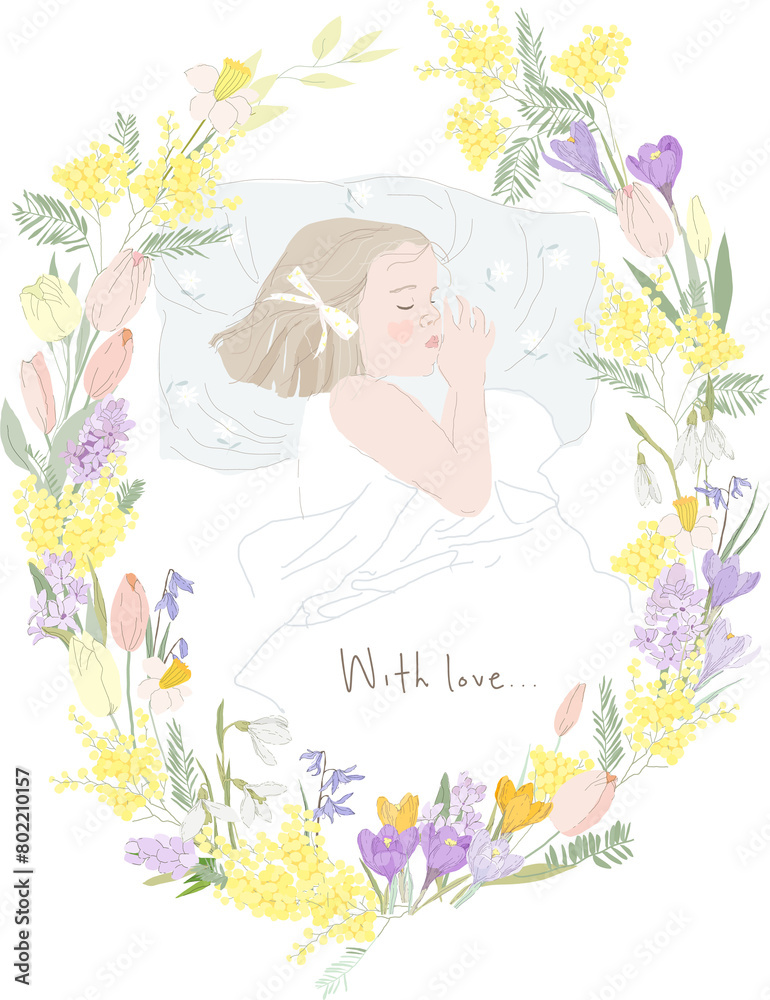 Cute Girl sleeping in Spring Floral Wreath. Vector Illustration Cute Girl sleeping in Spring Floral Wreath. Vector Illustration