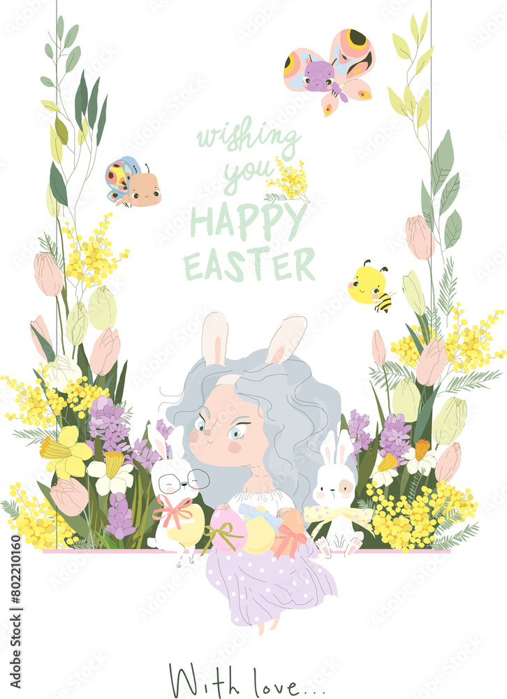 Obraz premium Cute Girl sitting with White Bunnies and holding Easter Eggs in Spring Flowers. Vector Illustration
