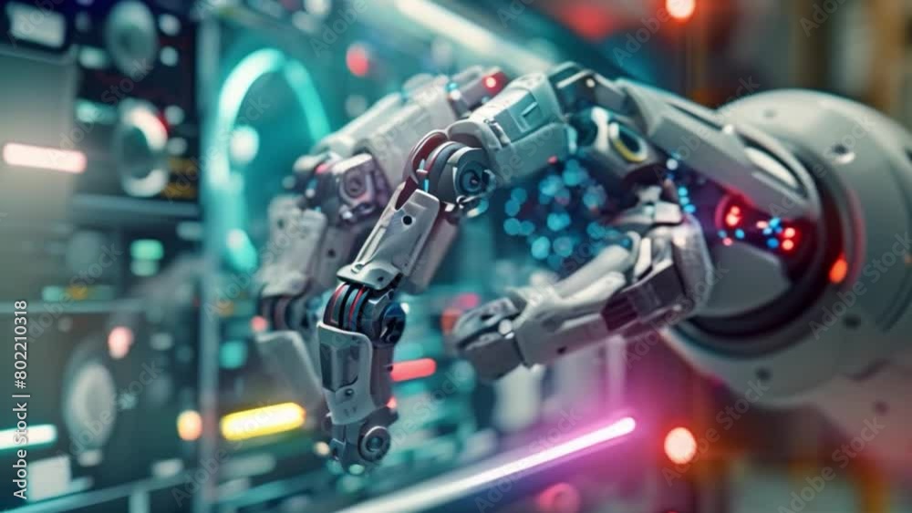 A robotic hand controlling industrial equipment with holographic data demonstrates the incredible advancement of robots with technology.	
