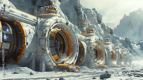 The image depicts a futuristic industrial facility built into the side of a mountain. photo