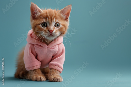 Cute cat in pink tracksuit sitting on blue background with copy space  banner for yoga studio or gym. Selective focus