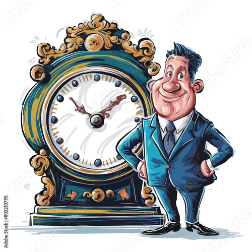 Flat design vector concept illustration. Businesspeople are standing around the clock lamp. Time is money. Ideas generator. Vector clipart. 
