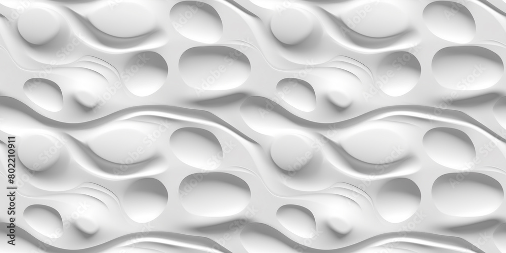 Organic Shapes Background, White 3d Seamless Pattern, Soft Wavy Texture, Embossed Paint