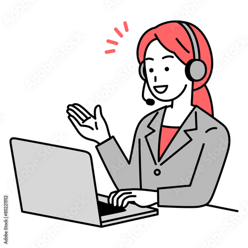 会話をするノートパソコンで仕事をするオペレーターの女性