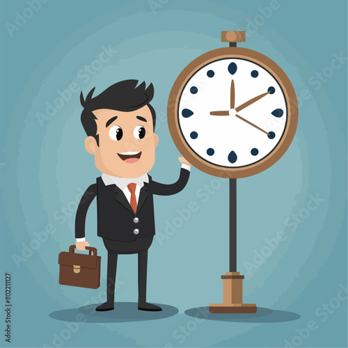 Flat design vector concept illustration. Businesspeople are standing around the clock lamp. Time is money. Ideas generator. Vector clipart. Icons set.