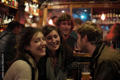 Group of friends having fun at the bar, drinking beer and talking
